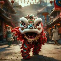 Drago o Leone danza mostrare barongsai nel celebrazione Cinese lunare nuovo anno Festival. asiatico tradizionale concetto di ai generato foto