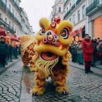 Drago o Leone danza mostrare barongsai nel celebrazione Cinese lunare nuovo anno Festival. asiatico tradizionale concetto di ai generato foto