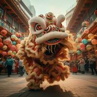 Drago o Leone danza mostrare barongsai nel celebrazione Cinese lunare nuovo anno Festival. asiatico tradizionale concetto di ai generato foto