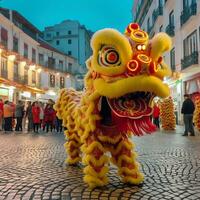 Drago o Leone danza mostrare barongsai nel celebrazione Cinese lunare nuovo anno Festival. asiatico tradizionale concetto di ai generato foto