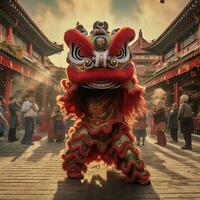 Drago o Leone danza mostrare barongsai nel celebrazione Cinese lunare nuovo anno Festival. asiatico tradizionale concetto di ai generato foto