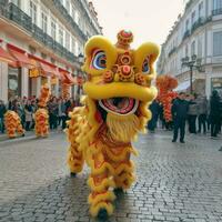 Drago o Leone danza mostrare barongsai nel celebrazione Cinese lunare nuovo anno Festival. asiatico tradizionale concetto di ai generato foto