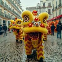 Drago o Leone danza mostrare barongsai nel celebrazione Cinese lunare nuovo anno Festival. asiatico tradizionale concetto di ai generato foto