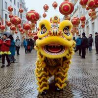 Drago o Leone danza mostrare barongsai nel celebrazione Cinese lunare nuovo anno Festival. asiatico tradizionale concetto di ai generato foto