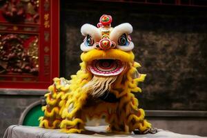 Drago o Leone danza mostrare barongsai nel celebrazione Cinese lunare nuovo anno Festival. asiatico tradizionale concetto di ai generato foto