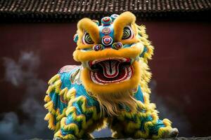 Drago o Leone danza mostrare barongsai nel celebrazione Cinese lunare nuovo anno Festival. asiatico tradizionale concetto di ai generato foto