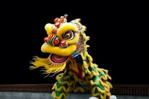 Drago o Leone danza mostrare barongsai nel celebrazione Cinese lunare nuovo anno Festival. asiatico tradizionale concetto di ai generato foto