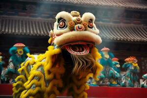 Drago o Leone danza mostrare barongsai nel celebrazione Cinese lunare nuovo anno Festival. asiatico tradizionale concetto di ai generato foto