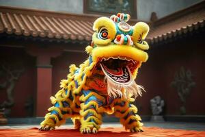 Drago o Leone danza mostrare barongsai nel celebrazione Cinese lunare nuovo anno Festival. asiatico tradizionale concetto di ai generato foto