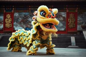 Drago o Leone danza mostrare barongsai nel celebrazione Cinese lunare nuovo anno Festival. asiatico tradizionale concetto di ai generato foto