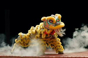 Drago o Leone danza mostrare barongsai nel celebrazione Cinese lunare nuovo anno Festival. asiatico tradizionale concetto di ai generato foto