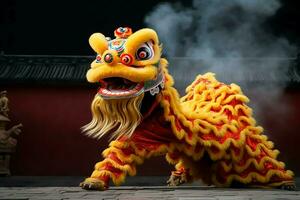 Drago o Leone danza mostrare barongsai nel celebrazione Cinese lunare nuovo anno Festival. asiatico tradizionale concetto di ai generato foto