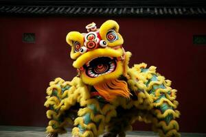 Drago o Leone danza mostrare barongsai nel celebrazione Cinese lunare nuovo anno Festival. asiatico tradizionale concetto di ai generato foto