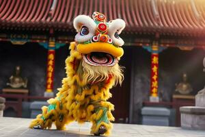 Drago o Leone danza mostrare barongsai nel celebrazione Cinese lunare nuovo anno Festival. asiatico tradizionale concetto di ai generato foto