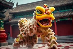 Drago o Leone danza mostrare barongsai nel celebrazione Cinese lunare nuovo anno Festival. asiatico tradizionale concetto di ai generato foto