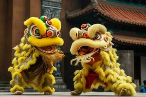 Drago o Leone danza mostrare barongsai nel celebrazione Cinese lunare nuovo anno Festival. asiatico tradizionale concetto di ai generato foto