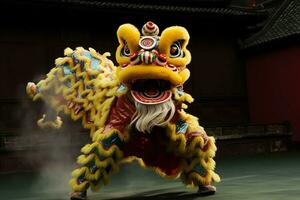 Drago o Leone danza mostrare barongsai nel celebrazione Cinese lunare nuovo anno Festival. asiatico tradizionale concetto di ai generato foto