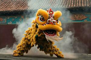 Drago o Leone danza mostrare barongsai nel celebrazione Cinese lunare nuovo anno Festival. asiatico tradizionale concetto di ai generato foto