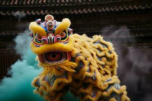 Drago o Leone danza mostrare barongsai nel celebrazione Cinese lunare nuovo anno Festival. asiatico tradizionale concetto di ai generato foto