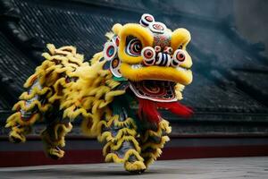 Drago o Leone danza mostrare barongsai nel celebrazione Cinese lunare nuovo anno Festival. asiatico tradizionale concetto di ai generato foto