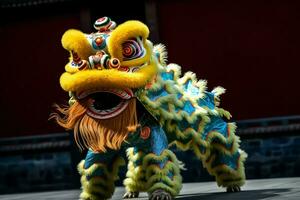 Drago o Leone danza mostrare barongsai nel celebrazione Cinese lunare nuovo anno Festival. asiatico tradizionale concetto di ai generato foto