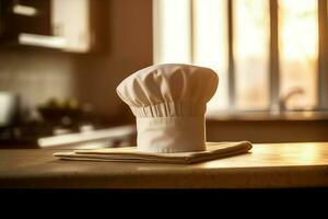 bianca cucinare cappello nel il cucina tavolo e copia spazio per il tuo decorazione. pubblicità fotografia concetto di ai generato foto