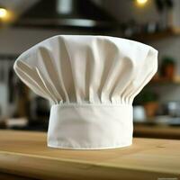 bianca cucinare cappello nel il cucina tavolo e copia spazio per il tuo decorazione. pubblicità fotografia concetto di ai generato foto