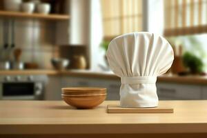 bianca cucinare cappello nel il cucina tavolo e copia spazio per il tuo decorazione. pubblicità fotografia concetto di ai generato foto