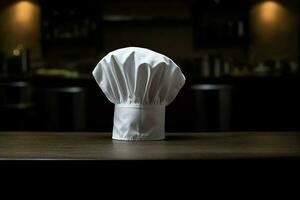 bianca cucinare cappello nel il cucina tavolo e copia spazio per il tuo decorazione. pubblicità fotografia concetto di ai generato foto