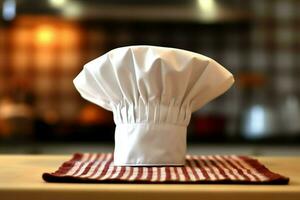 bianca cucinare cappello nel il cucina tavolo e copia spazio per il tuo decorazione. pubblicità fotografia concetto di ai generato foto