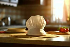 bianca cucinare cappello nel il cucina tavolo e copia spazio per il tuo decorazione. pubblicità fotografia concetto di ai generato foto