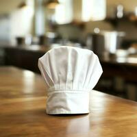 bianca cucinare cappello nel il cucina tavolo e copia spazio per il tuo decorazione. pubblicità fotografia concetto di ai generato foto