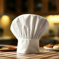 bianca cucinare cappello nel il cucina tavolo e copia spazio per il tuo decorazione. pubblicità fotografia concetto di ai generato foto