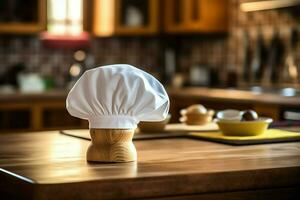 bianca cucinare cappello nel il cucina tavolo e copia spazio per il tuo decorazione. pubblicità fotografia concetto di ai generato foto