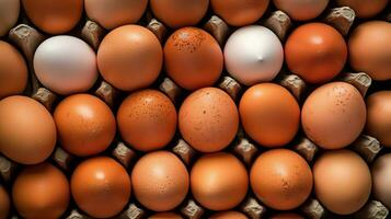 un' lotto mucchio di fresco pollo uova su il di legno, nido o cannuccia cestino. eco uova drogheria salutare concetto di ai generato foto