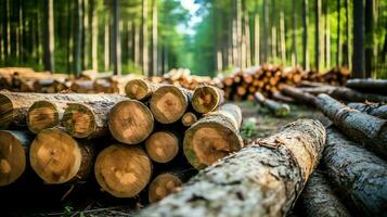 un' grande circolare pezzo di Di legno, di legno tronco o impilati albero legname per mobilia industria. di legno log concetto di ai generato foto