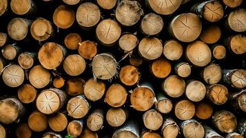 un' grande circolare pezzo di Di legno, di legno tronco o impilati albero legname per mobilia industria. di legno log concetto di ai generato foto