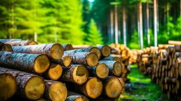 un' grande circolare pezzo di Di legno, di legno tronco o impilati albero legname per mobilia industria. di legno log concetto di ai generato foto