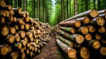 un' grande circolare pezzo di Di legno, di legno tronco o impilati albero legname per mobilia industria. di legno log concetto di ai generato foto