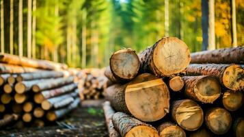 un' grande circolare pezzo di Di legno, di legno tronco o impilati albero legname per mobilia industria. di legno log concetto di ai generato foto