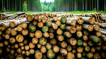 un' grande circolare pezzo di Di legno, di legno tronco o impilati albero legname per mobilia industria. di legno log concetto di ai generato foto