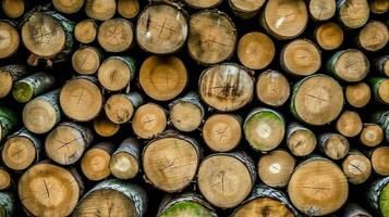 un' grande circolare pezzo di Di legno, di legno tronco o impilati albero legname per mobilia industria. di legno log concetto di ai generato foto