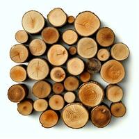 un' grande circolare pezzo di Di legno, di legno tronco o impilati albero legname per mobilia industria. di legno log concetto di ai generato foto