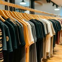 riga di alla moda polo magliette per uomo su di legno appendiabiti o cremagliera nel un' capi di abbigliamento boutique Al dettaglio negozio concetto di ai generato foto