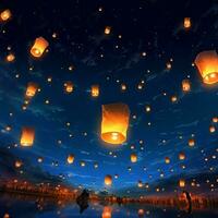 volante lanterne nel il notte cielo durante il Diwali Festival India, sì peng o metà autunno giorno nel Cina concetto di ai generato foto