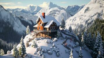 alberi e casa nel neve simulazione mostrare, generativo ai foto