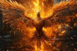Fenice uccello con disteso Ali crescente ardente nel fiamme. epico Fenice uccello fuoco rinascita energia concetto di ai generato foto