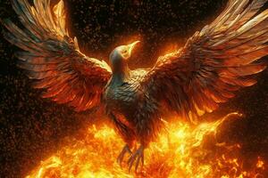 Fenice uccello con disteso Ali crescente ardente nel fiamme. epico Fenice uccello fuoco rinascita energia concetto di ai generato foto