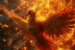 Fenice uccello con disteso Ali crescente ardente nel fiamme. epico Fenice uccello fuoco rinascita energia concetto di ai generato foto