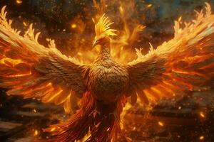 Fenice uccello con disteso Ali crescente ardente nel fiamme. epico Fenice uccello fuoco rinascita energia concetto di ai generato foto